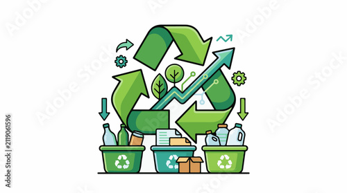 A recycling symbol with upward growth arrows and waste bins below