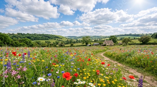 Scenic English countryside landscape featuring a colorful wildflower meadow and traditional stone cottage