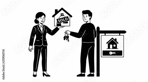 A realtor hands keys to a new homeowner with a Sold sign