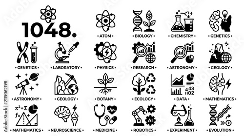 Science and Technology Icons: Biology, Chemistry, Physics, Genetics, Robotics