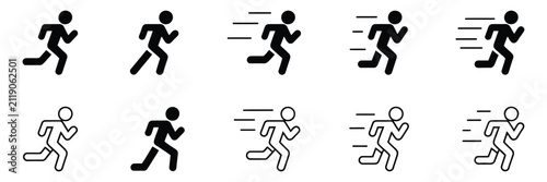 Foto Human body motion icon set, unified pictograms showing walking, hurrying, stoppi