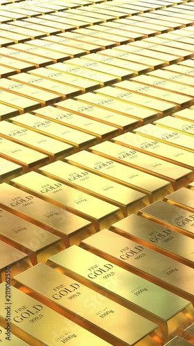 Gold ingots - camera moving sideways - 3d 4k vertical animation (2160 x 3840px)