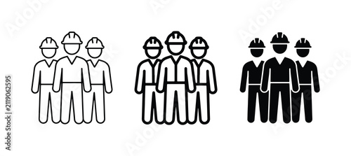 Construction Workers Team Icon Set, Industrial Labor Group, Safety Helmets, Engineering Workforce, Building Professionals, Teamwork Concept, Vector Graphics
