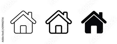 Home Icons Set: Outline, Filled Outline, and Solid Black House Symbols for Web and App Design
