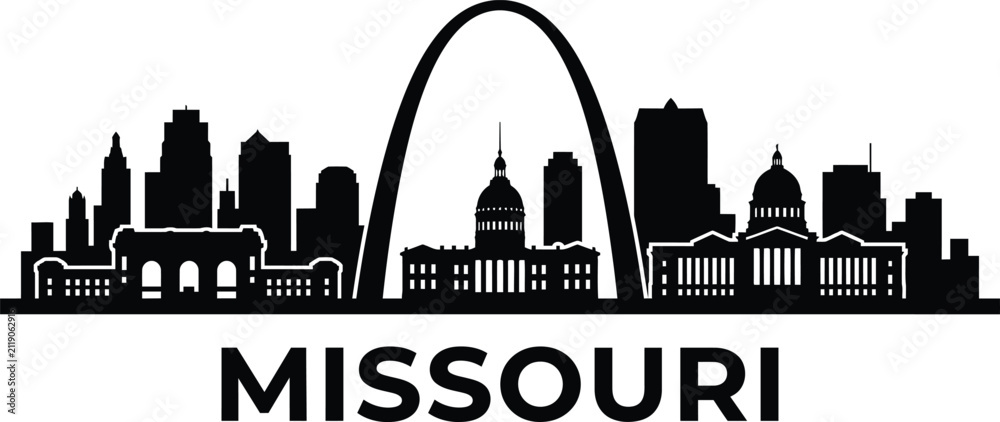 Obraz premium A minimalist black and white silhouette illustration of the missouri state skyline featuring the iconic gateway arch