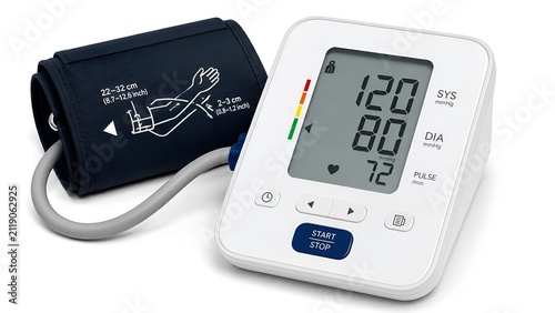 Digital automatic blood pressure monitor device with inflatable arm cuff for accurate health monitoring with displays white digital monitor connected dark