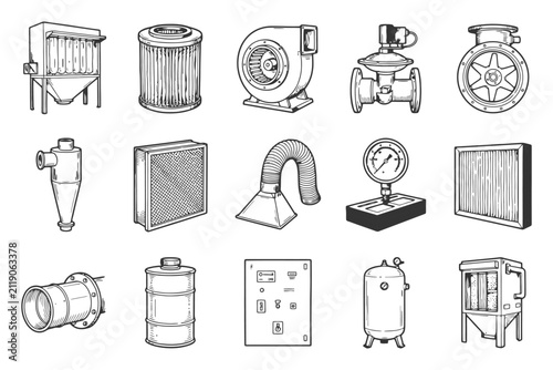 Collection of industrial equipment: filters, fans, gauges, and ducts.