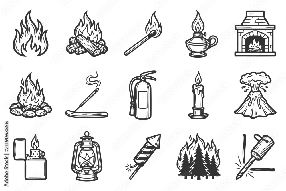 Obraz premium Collection of fire-related icons: flames, matches, fireplace, candle, lantern.