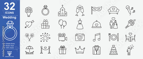 Collection Of Wedding Related Line Icons. Love, wedding, ceremony, celebration, married, ring. Vector illustration