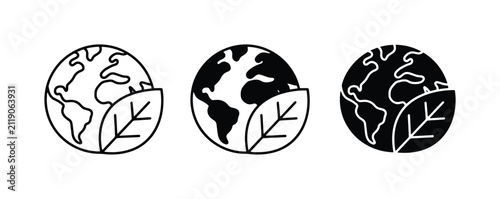 Картината върху платно Eco-friendly Earth Icons, Planet Leaf Graphics, Global Sustainability Symbols