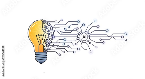 Glowing yellow light bulb linked to a circular AI icon by tech circuit lines, illustrating the fusion of creativity and AI.
