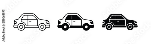 Three Car Icons: Outline, Filled, and Silhouette Vector Graphics for Transportation and Automotive Themes
