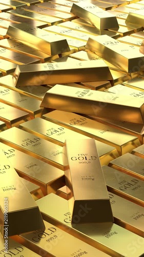 Gold ingots - camera moving sideways - 3d 4k vertical animation (2160 x 3840px)