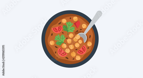 A colorful, flat illustration of a hearty chickpea stew in a dark bowl with a spoon