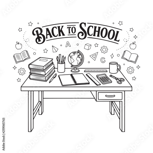 School supplies arranged on a desk black and white line drawing