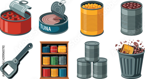 Vector illustration set of canned food, tin cans, and pantry storage isolated on white background