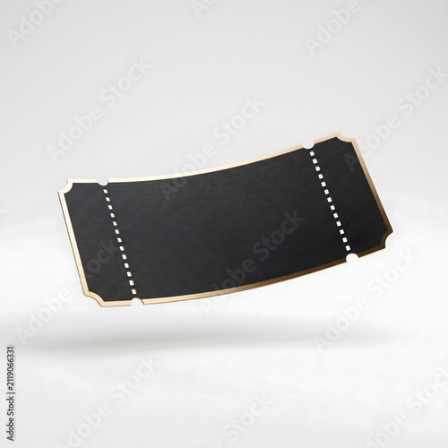 Elegant blank black admission ticket featuring shiny gold metallic edges floating against a clean soft neutral white studio background surface