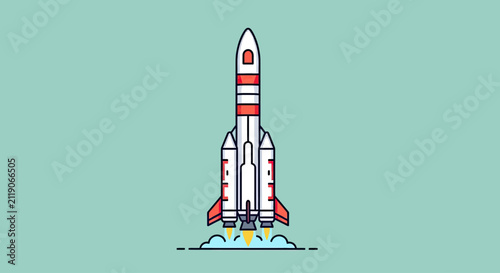 A white and red rocket launches with orange flames and blue smoke against a pale green background