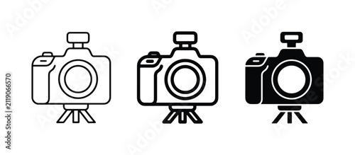 Camera Icons Set: DSLR, Tripod, Flash, Line Art, Silhouette, Black and White Graphics
