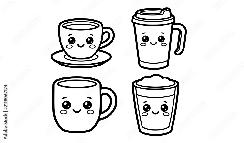 Obraz premium Cute kawaii coffee cups vector set with funny smiling faces children coloring book page linear illustration