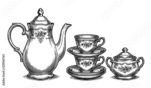 Vintage coffee pot and cups still life line drawing retro coloring page vector illustration for adults