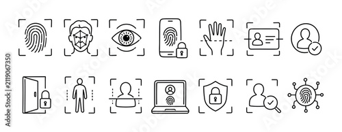 Biometric identification and security line icon set showing fingerprint, face, eye, and palm scanning for authentication, verification, and digital access control