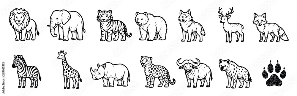 Obraz premium Large set of hand-drawn wild animals in a cute black and white doodle style, featuring a lion, elephant, tiger, bear, wolf, deer, fox, zebra, giraffe, and rhino icons