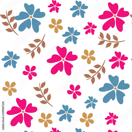 Seamless Flat Vector Floral Pattern with Magenta and Blue Botanical Elements