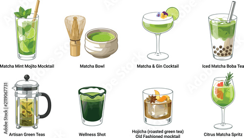 Bild auf Leinwand Vector illustration set of matcha green tea drinks, specialty tea cocktails, and
