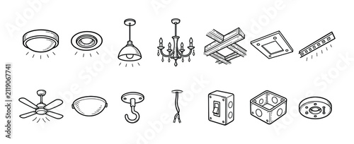 Set of hand-drawn electrical and lighting fixtures including a chandelier, ceiling fan, pendant lamp, and junction box in a black and white line art illustration style