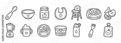 Collection of hand-drawn baby feeding items in a cute doodle style, including a high chair, bib, spoon, bowl, puree jar, sippy cup, and sectioned plates for toddler meals