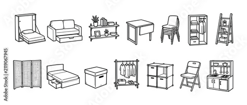 Hand-drawn furniture and home decor illustrations featuring space-saving items like a wall bed, folding table, storage solutions, and a wardrobe in a minimalist black outline doodle style