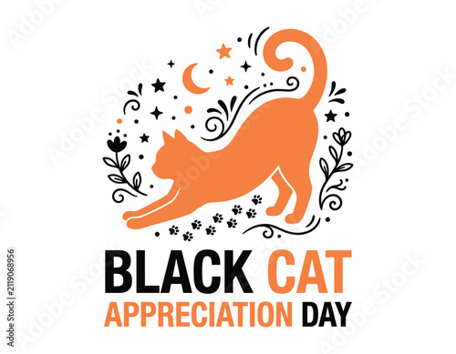 Black cat appreciation day illustration with stretching cat silhouette