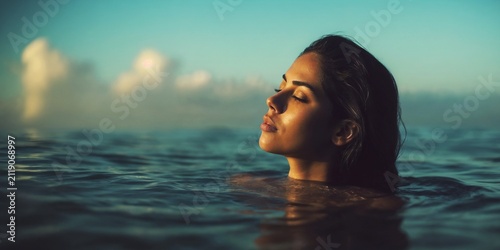 Side profile portrait face of attractive young woman with long wet hair bathing,  floating peacefully with closed eyes in calm ocean, sea water in nature