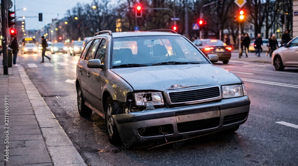 Fototapeta premium Damaged Car After City Traffic Accident, Front End Collision, Urban Road Damage, Insurance Assessment, Vehicle Repair, Transportation Safety