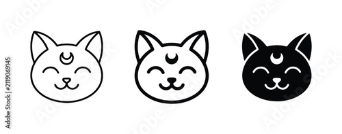 Cute Cat Icons, Celestial Moon Face Vector Art, Kawaii Animal Graphics, Simple Black and White Line Art