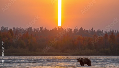 A Grizzly Bear Standing in Golden Sunset Water