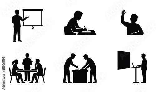 Business Meeting Icons, Education Silhouettes, Presentation Graphics, Teamwork Symbols, Learning Vector Set