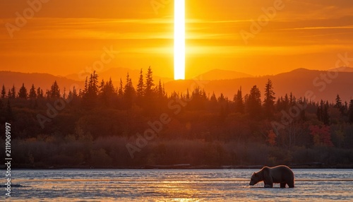 A Grizzly Bear Standing in Golden Sunset Water
