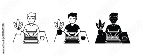 Person Typing on Laptop, Home Office Setup, Minimalist Iconography, Vector Graphics