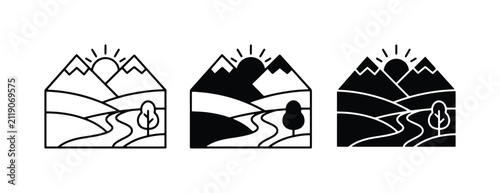 Minimalist Mountain Landscape Icons, Sunrise Scene Vector Set, Nature Path and Hills Graphics
