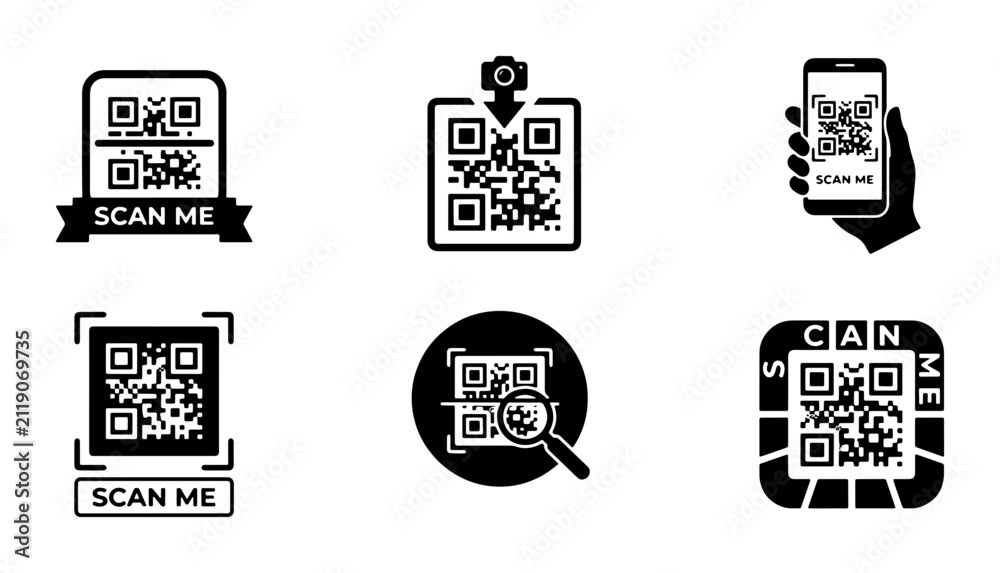 Obraz premium QR Code Icons Set, Scan Me Buttons, Mobile Scanning, Digital Information Access, Technology Graphics