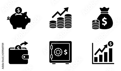 Finance Icons Set: Piggy Bank, Coins, Money Bag, Wallet, Safe, Growth Charts
