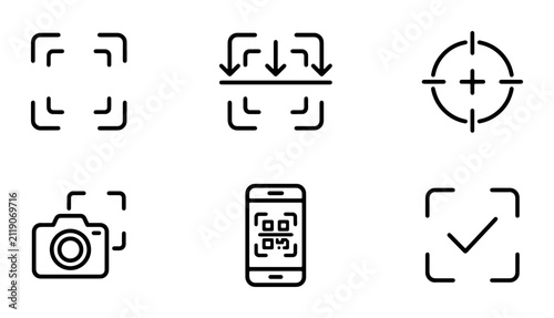 Scan Icons Set: Camera, QR Code, Target, Focus, Checkmark, Frame - Vector Graphics Collection