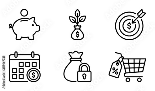 Financial Icons Set: Piggy Bank, Money Bag, Target, Calendar, Shopping Cart, Savings Growth