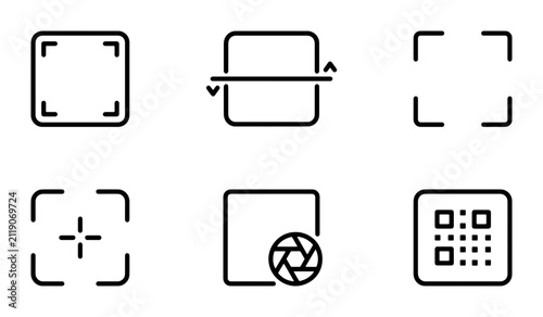 Minimalist Interface Icons: Full Screen, Crop, Zoom, Target, Camera Lens, QR Code