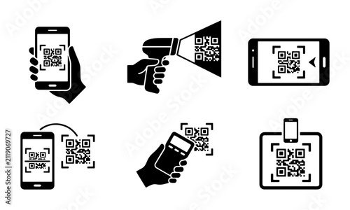 QR Code Scanning Icons: Smartphone, Scanner, Mobile Payment, Data Access, Digital Interaction