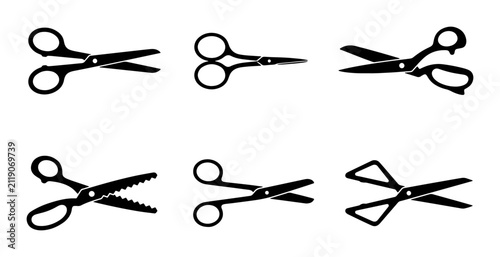 Six Black Scissors Vector Icons, Tailor Crafting Tools, Sewing Supplies, Graphic Design Elements