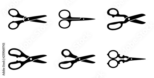Six Black Scissors Icons, Tailor Shears Vector Graphics, Crafting Tools Set, Sewing Supplies Collection