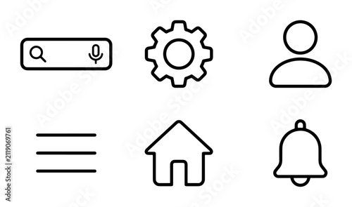 Minimalist UI Icons Set: Search, Settings, User, Menu, Home, Notification Vector Graphics